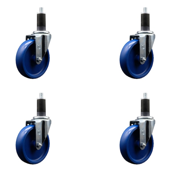 5'' SS Solid Poly Wheel Swivel 1-1/4'' Expanding Stem Caster Set, 4PK